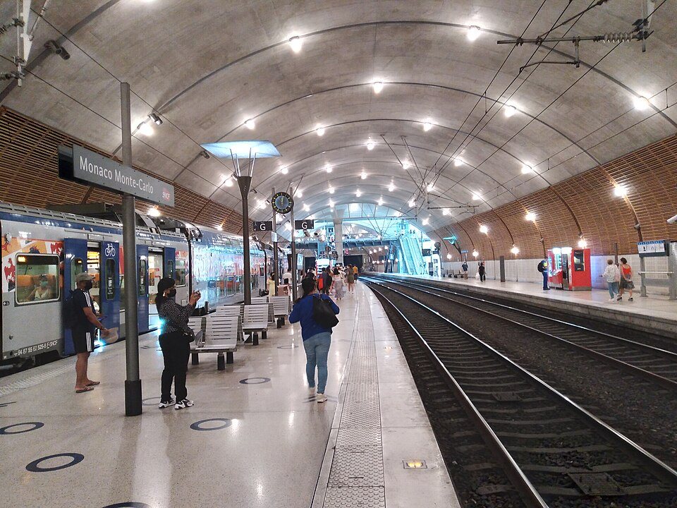 The platforms of the Monaco-Monte-Carlo station, deep in the hillside under its long vault